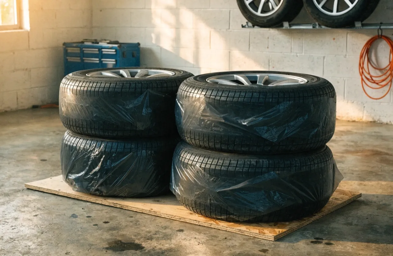 Opony przechowywane w garażu na regale