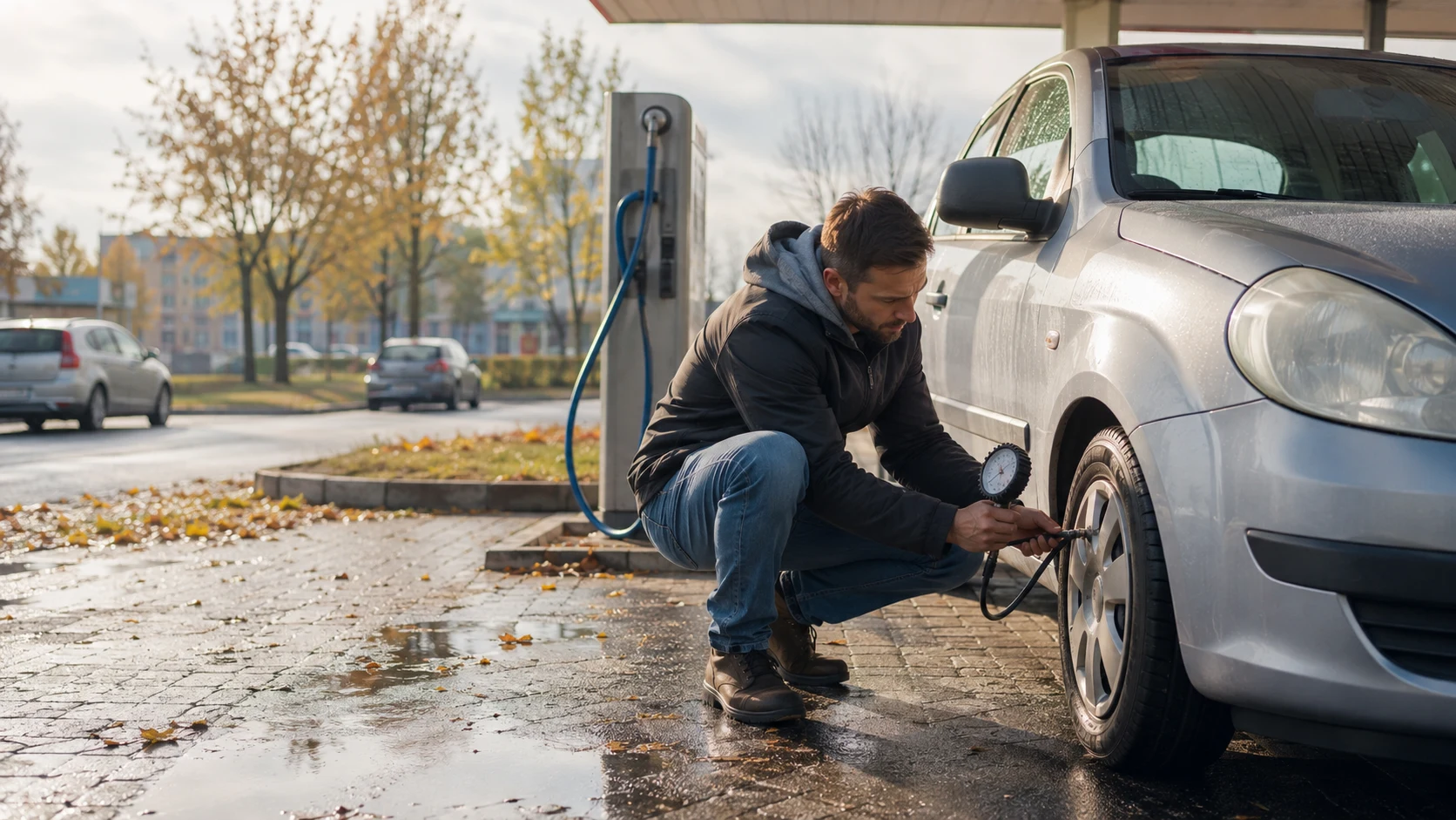 Czujnik TPMS przy zaworze na feldze podczas montażu opony